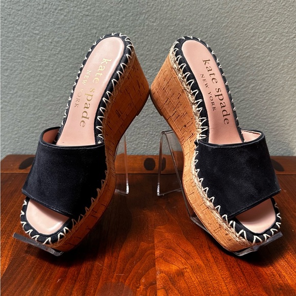 Kate Spade Cosette Platform Cork Slides Navy Blue Suede Mules New York Wedges - Picture 8 of 16